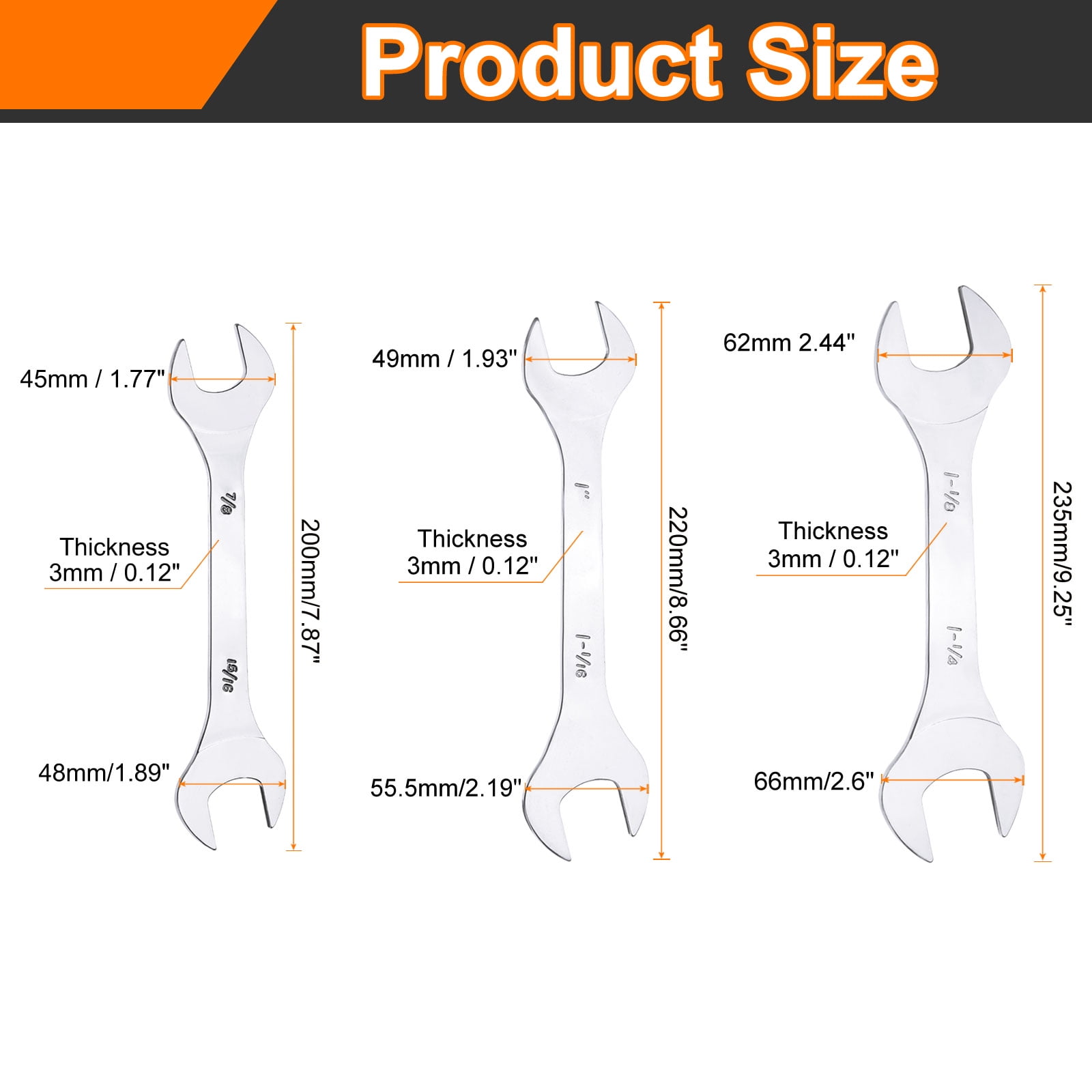 Uxcell 3pcs 7/8" 15/16" 1" 1-1/16" 1-1/8" 1-1/4" SAE Double Open End Thin Wrench Set