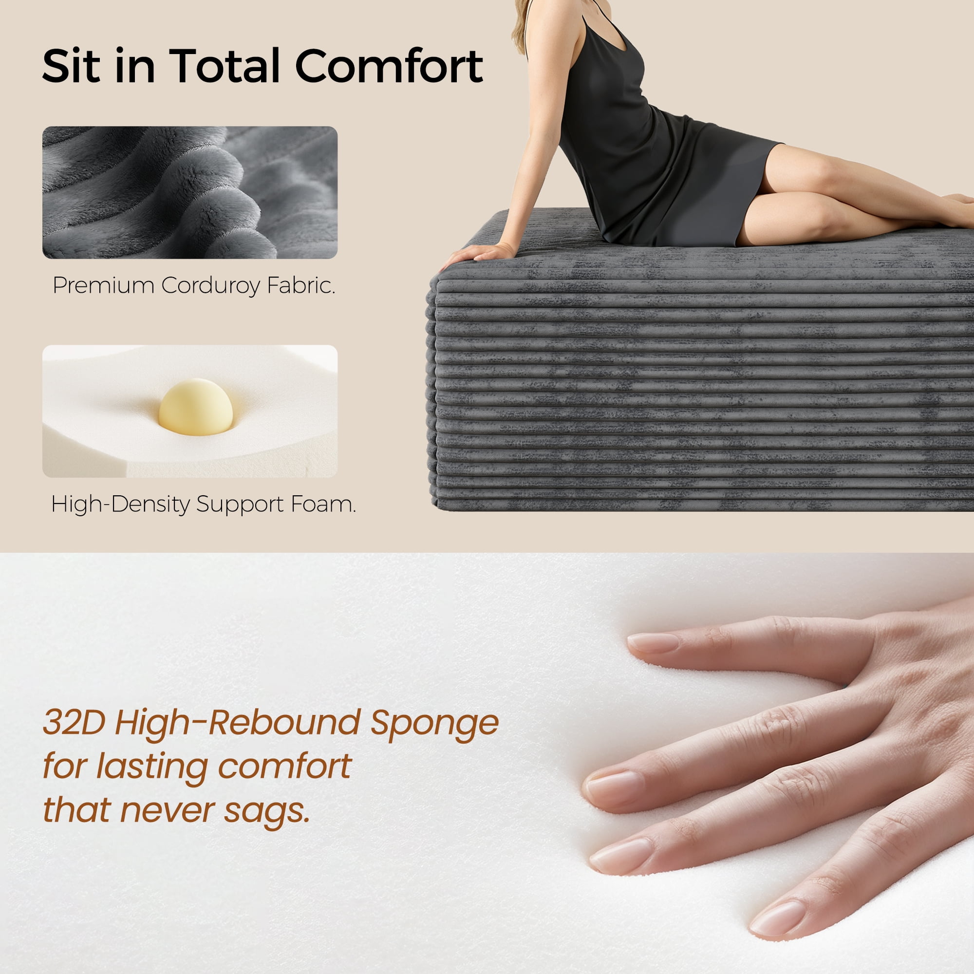 104" Modular L-Shaped Sectional Sofa, No Assembly Required Boneless Sofa with Chaise, High Resilience Foam & Corduroy Fabric, for Living Room Bedroom,(Charcoal)