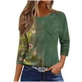 thumbnail image 2 of JTZGDY 3/4 Sleeve Tops for Women Dressy Casual Boho Floral Printed Summer Crewneck Basic Graphic T-Shirts Trendy Oversized Comfy Female Tunic Blouses Army Green#02 XXXXXL, 2 of 5