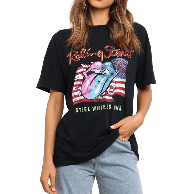 Camiseta Labios Bandera Americana Lady American Flag Blusas Camisas Cuello redondo Suelto Streetwear Traje (Negro XXL) Cgtredaw Para estrenar
