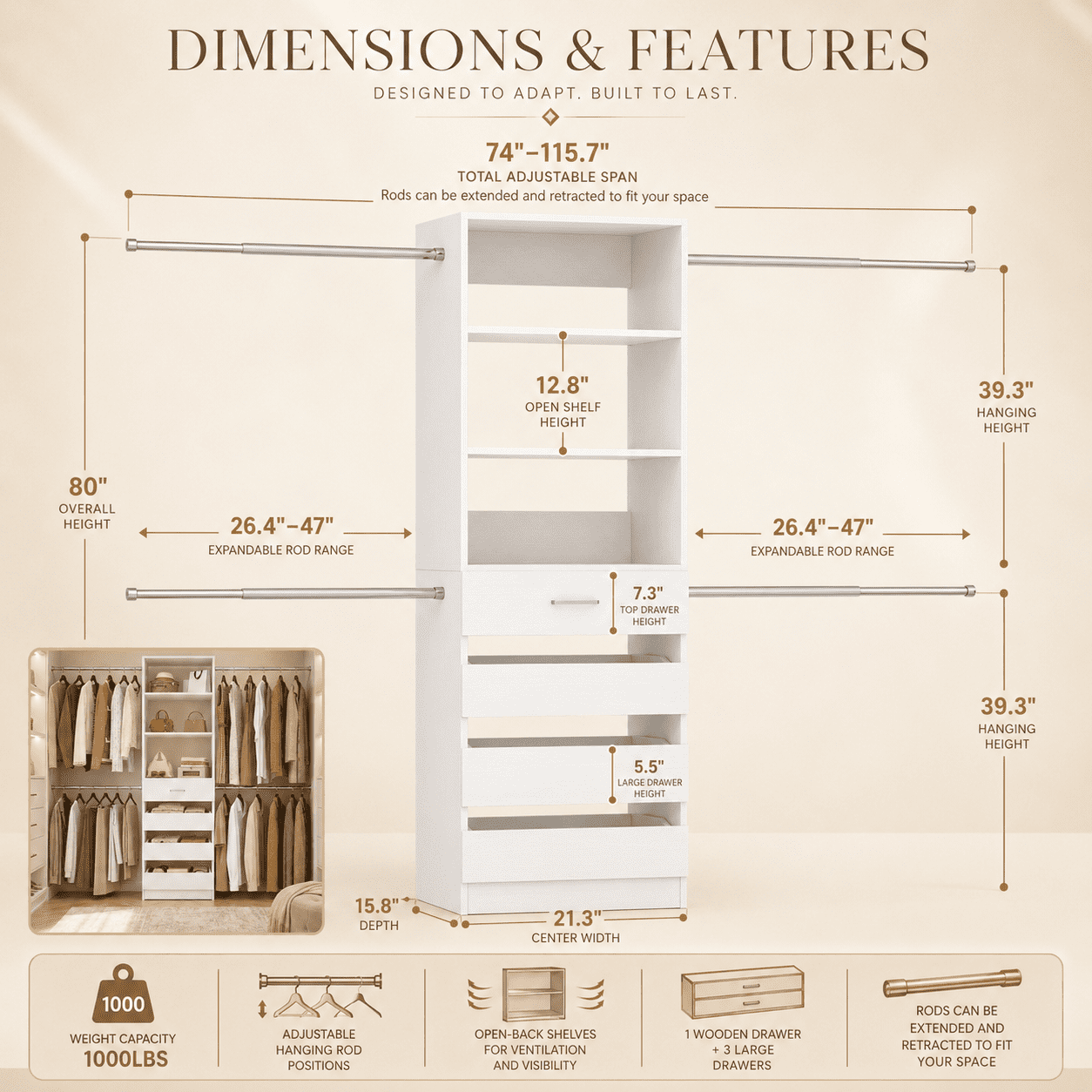 Homieasy 4-9 Ft Adjustable Wooden Closet Organizer System with 4 Drawers, 4 Hanging Rods & Shelving Towers - Heavy Duty Walk-in Wardrobe Rack, Space-Saving Design, Easy Assembly,White