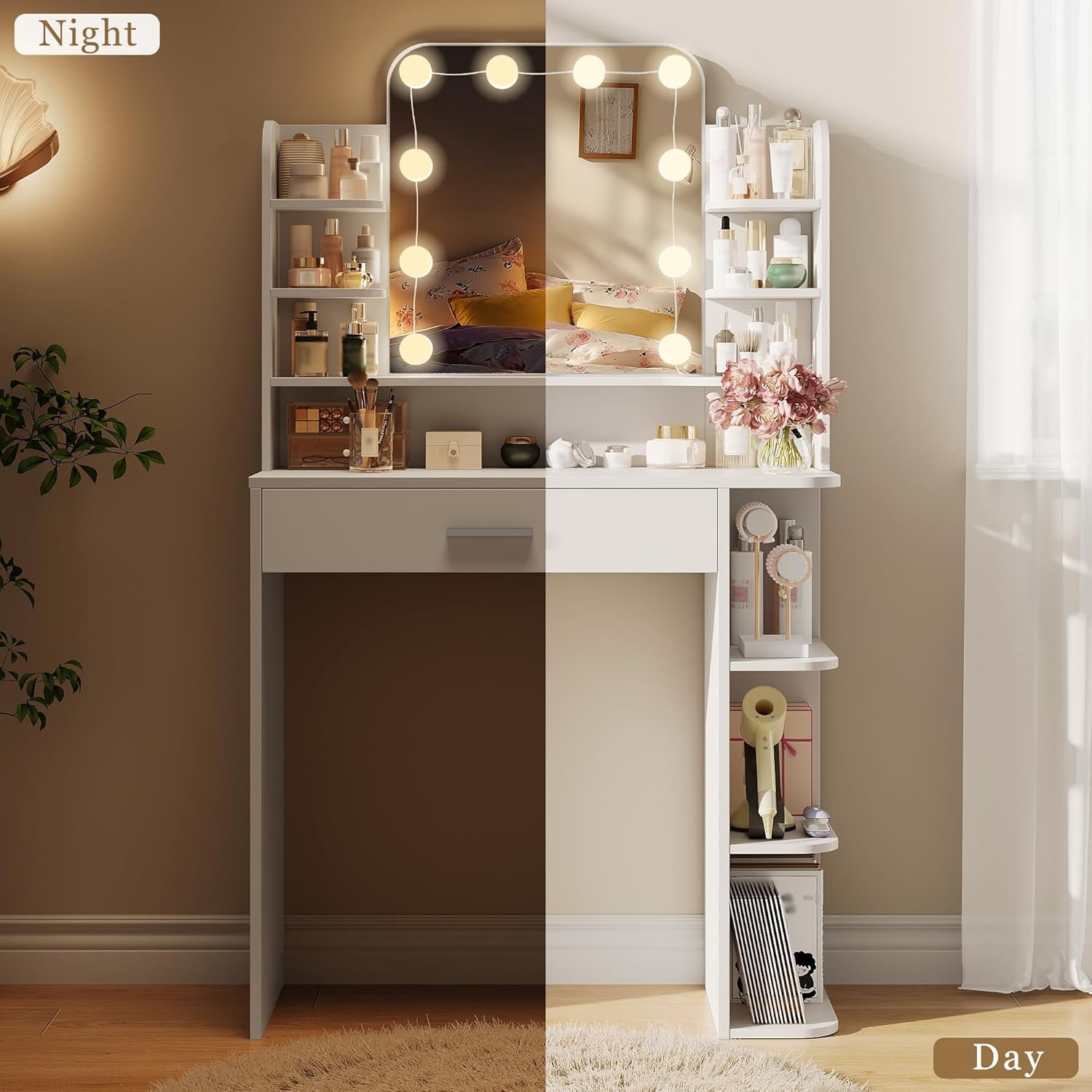 Pipleo 31" W Makeup Vanity Desk with Mirror and Lights, Small Vanity Table with 8 Storage Shelves, Big Drawer and 3 Lighting Colors, Bedroom Vanity for Girls