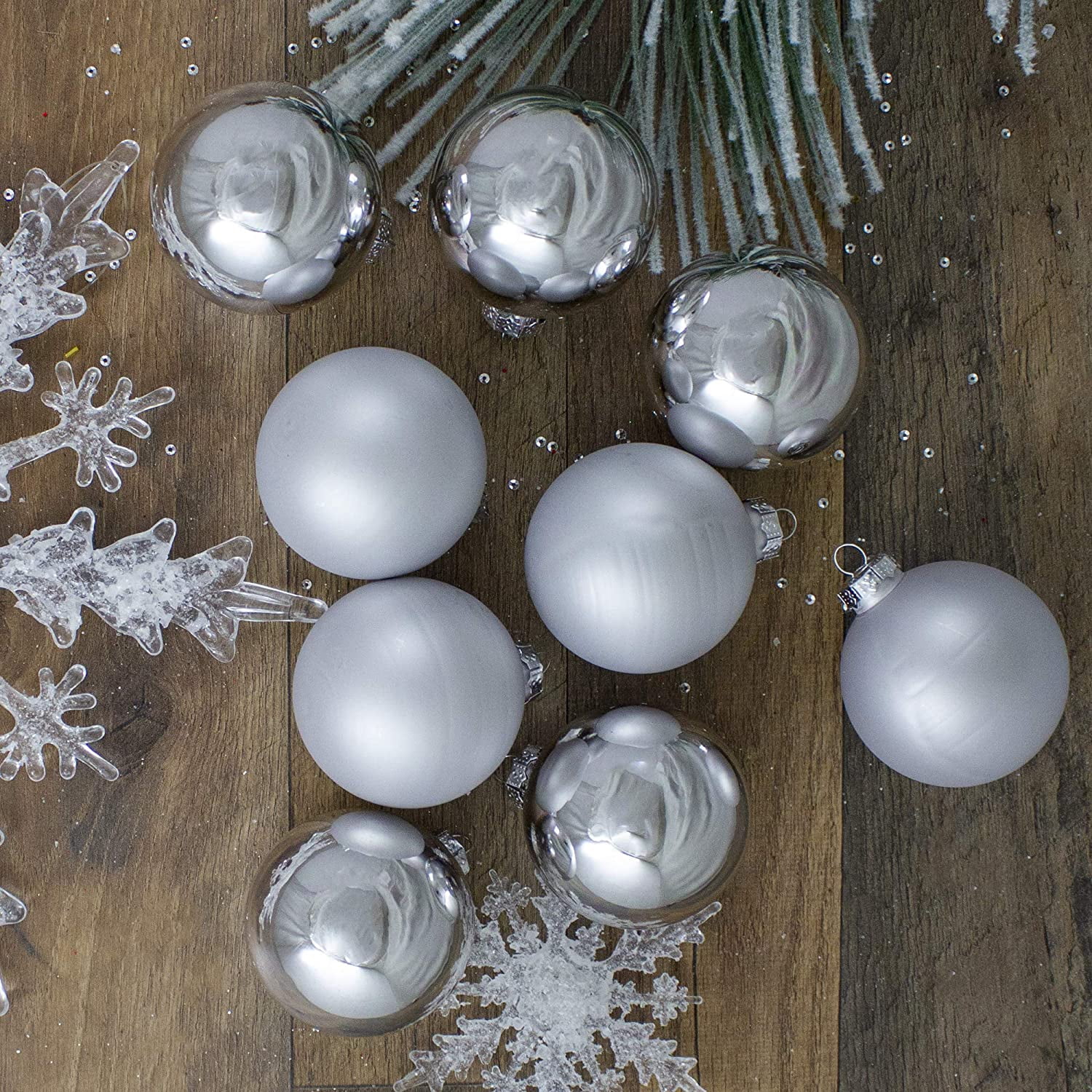 9-Piece Shiny and Matte Silver Glass Ball Christmas Ornament Set 2.5" (65mm)
