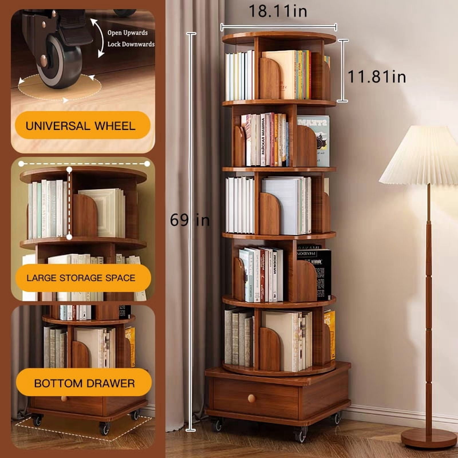 Rotating Bookshelf, 6 Tier Corner Bookcase with 360-Degree Rotation and Wheels, Space-Saving Design for Small Spaces, Walnut Brown Finish