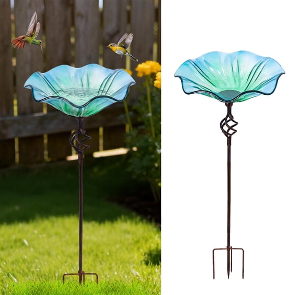 11 Inch Glass Birdbath Birdfeeder with Metal Stake Garden Outdoor Blue Green