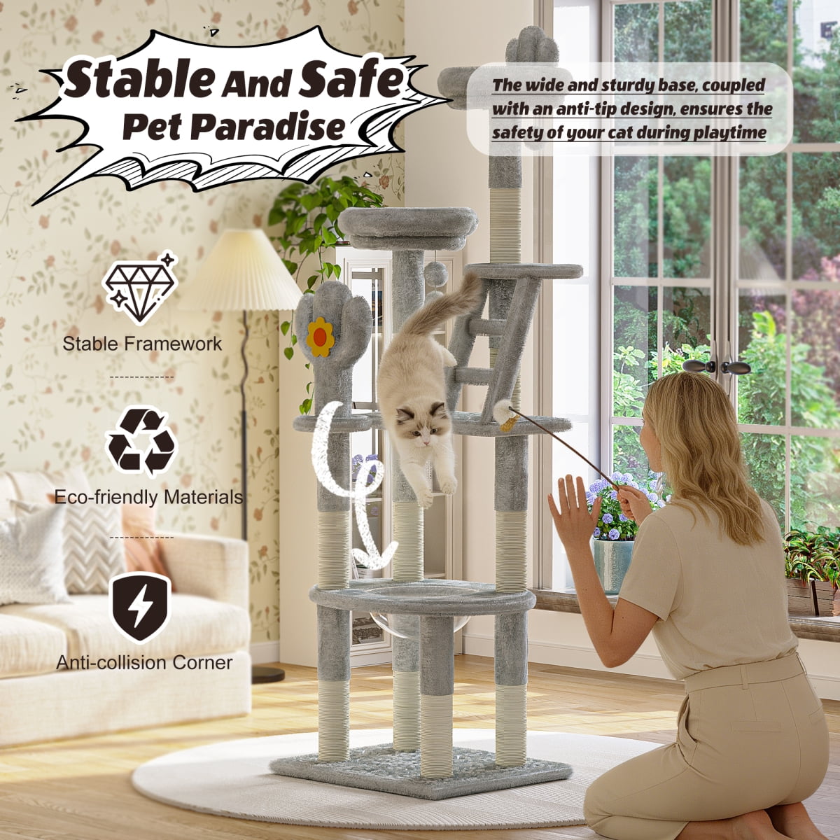 72in Cactus Cat Tree Tall Cat Tower Indoor Cats with Transparent Capsule Sisal Scratching Posts Gray