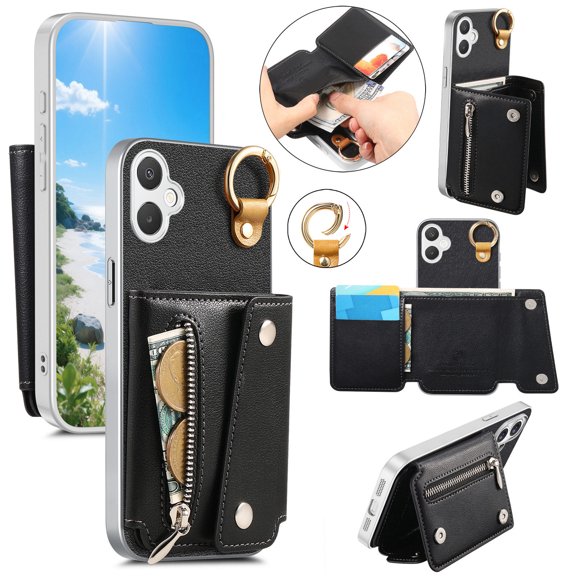 Lunvic Wallet Case for Samsung Galaxy A07 with Zipper Pocket Card Slots Cash Holder Magnetic Kickstand Metal Ring Buckle PU Leather Cover, Black
