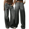 thumbnail image 3 of Womens Wide Straight Leg Mid Rise Baggy Pocket Denim Jeans Without Belt Black L, 3 of 8