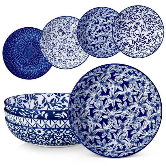 MALACASA Pasta Bowl Set of 4, 36 oz Ceramic Shallow Salad Bowls, Serving Soup Bowl Set