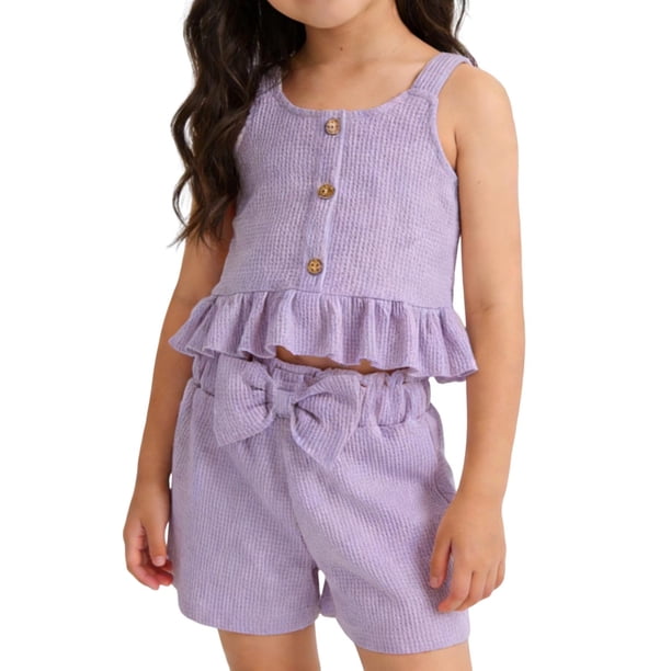 Conjunto de Mesa Redonda Niñas de Moda Casual Manga Corta Cuello Redondo Botón Pantalones Cortos Impresos Conjuntos para Viajes Diarios Casa Conjunto de Pantalones para Niñas de Vacaciones