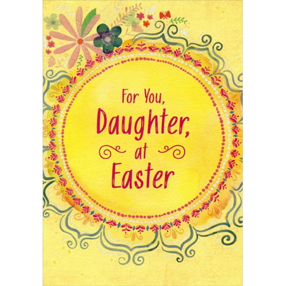Designer Greetings Small Pink Flowers in Circle Around Bright Yellow Circle Easter Card for Pre-Teen Daughter
