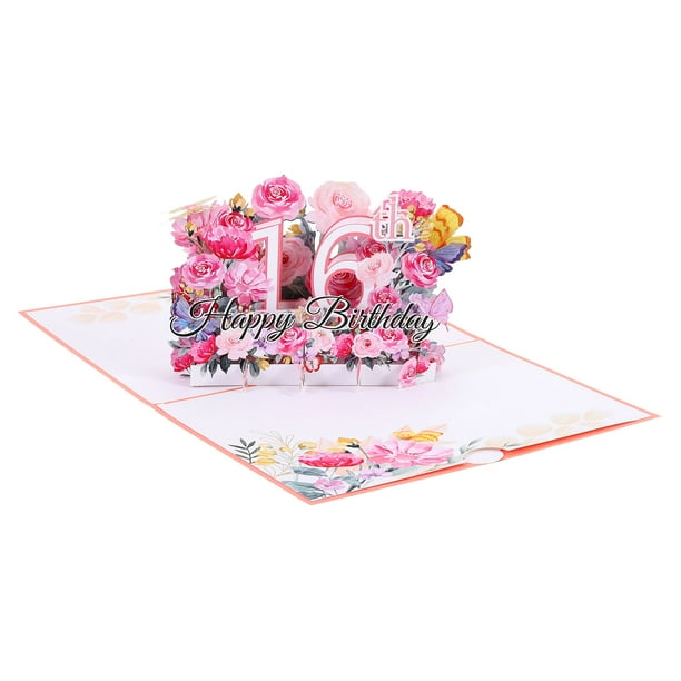 Tarjeta de cumpleaños 16 de Uxcell, tarjeta de cumpleaños emergente 3D con flores y mariposas