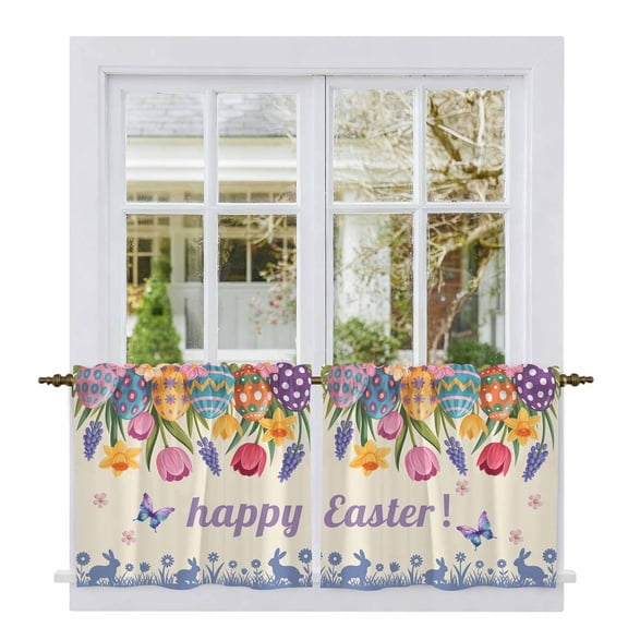 Easter Tier Curtains 24 Inch Length, Tulip Flowers Spring Easter Egg Bunny Butterfly Beige Cafe Short Curtains for Bathroom Sink, Small Kitchen Curtain Light Filtering Drapes 2 Panels 27.5"Wx24"L