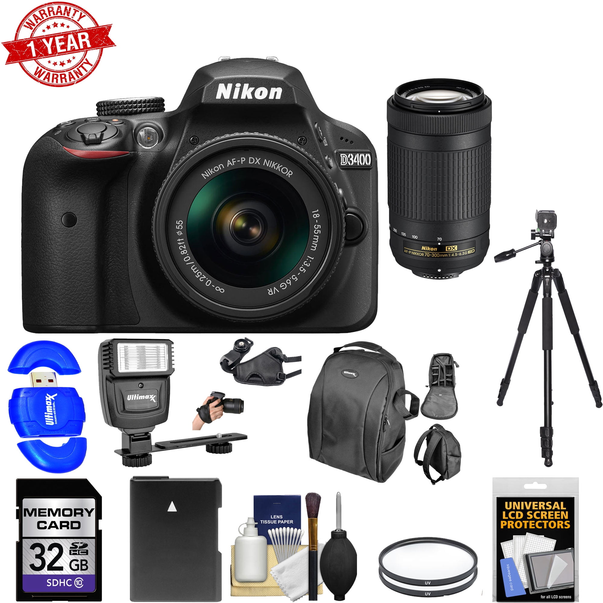 Nikon D3400 Digital SLR Camera + 1855mm VR + 70300mm DX AFP Lenses