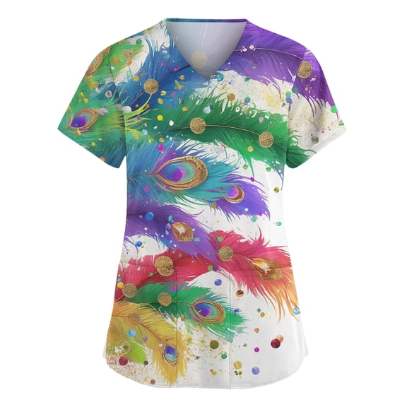 Holiday Scrubs for Women Mardi Gras Mask Printed Nursing Working Uniform Carnival T-Shirts Stretchy V Neck Scrub Top