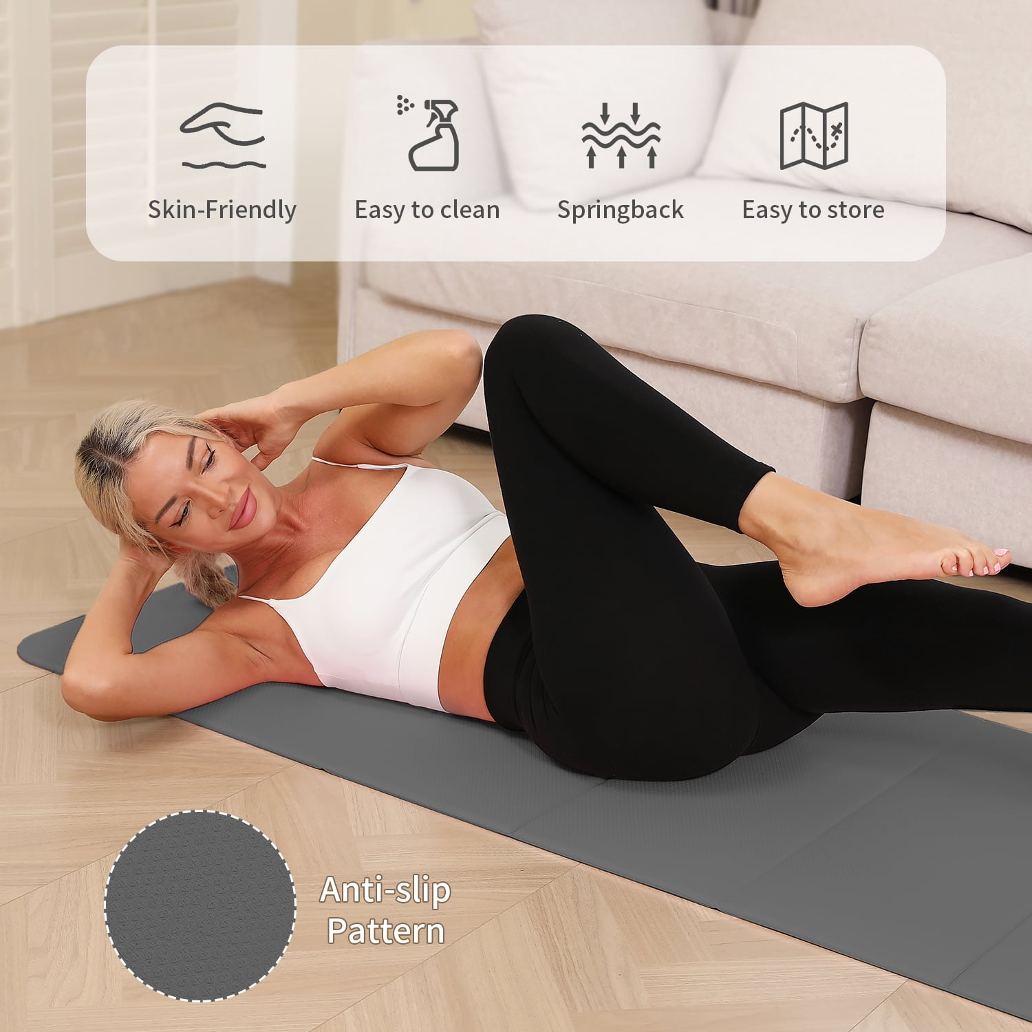 Frach Foldable Yoga Mat, Workout Exercise Mat,Eco TPE 0.4 Inch Thick for Home and Travel,Instant Fold No Curling 75"x26"(Gray)