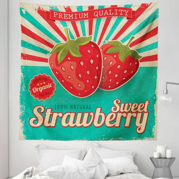 Fruit Tapestry, Retro Poster Style Strawberries Colorful Stripes with Grunge Worn out Background, Fabric Wall Hanging Decor for Bedroom Living Room Dorm, 5 Sizes, Multicolor, by Ambesonne
