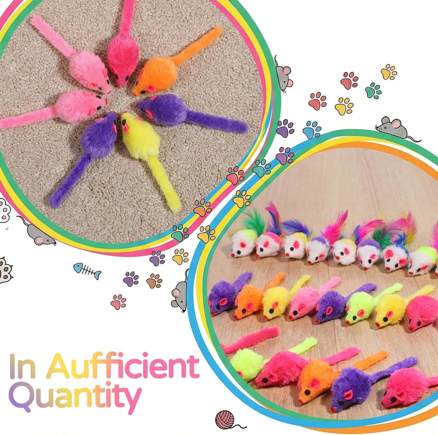 120 Pcs Fur Mice Cat Toys Furry Rattle Mouse Kitten Toy Assorted Interactive Cat Toys with Feather Tails for Indoor Cats Interactive Play Color Varies