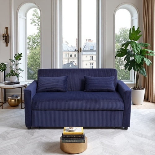 69" Corduroy Convertible Sofa Bed, Pull-Out Loveseat Sleeper with Steel Frame, Modern Loveseat Sofa Sleeper with Storage for Living Room, Blue