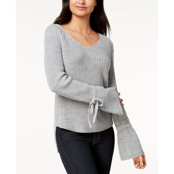 American Rag Juniors Tie Trim Bell Sleeved High Low Sweater Light Heather Gray S