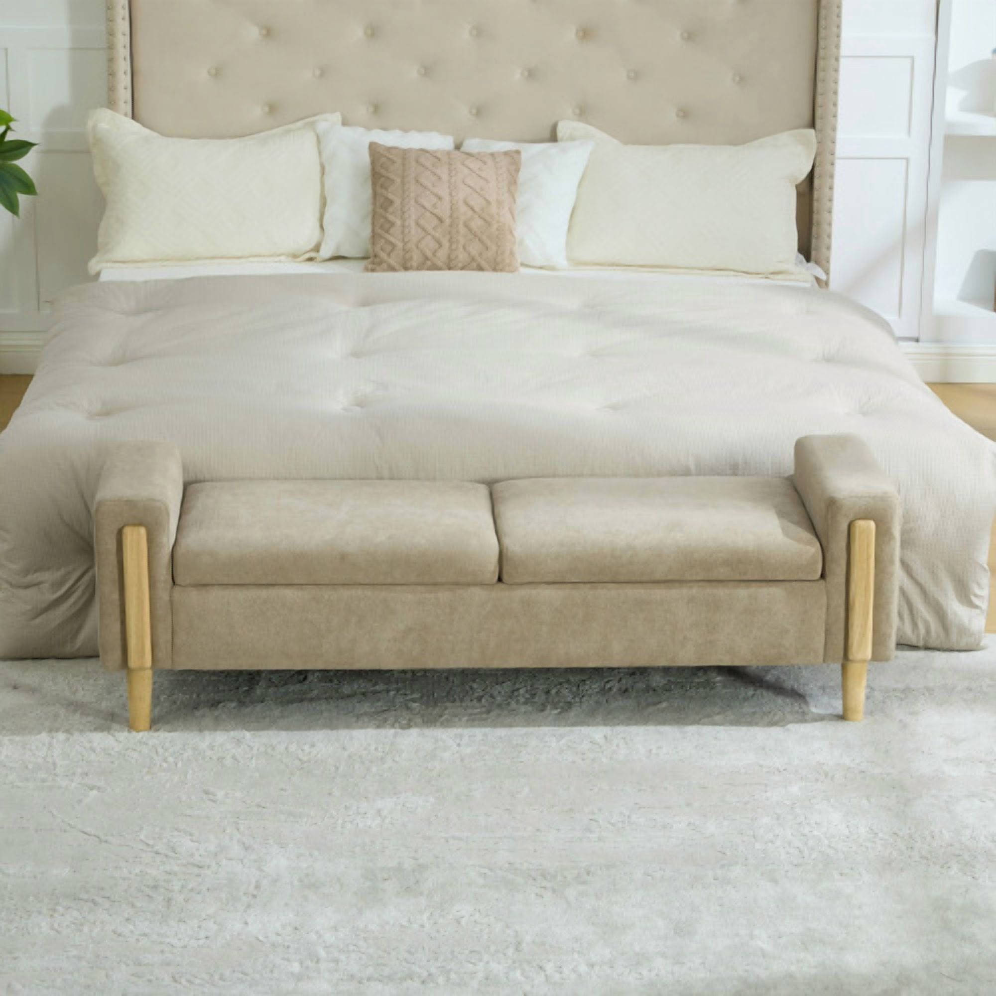 65.67" Wide Modern Upholstered Storage Bench with Double Lids and Armrest, Chenille Fabric, Rubberwood Legs, for Living Room, Entryway, Bedroom, Dormitory, Greige