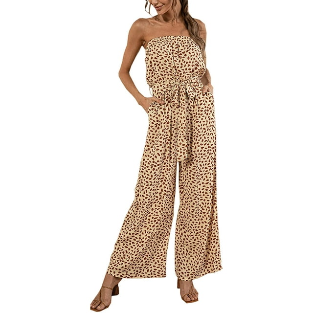 Women's Jumpsuit-Casual Off Shoulder Sleeveless Ruffle Button Belt Wide Leg Jumpsuits Rompers Summer