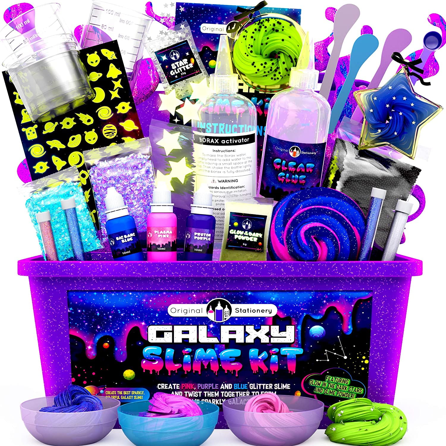 Original Stationery Galaxy Slime Kit with Glow in The Dark Stars & Slime Powder to Make Glitter