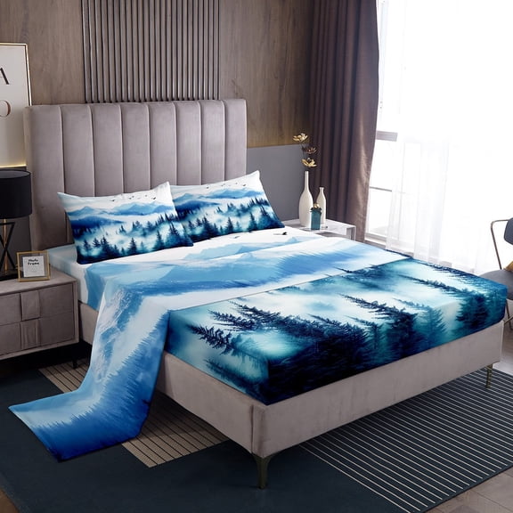 Erosebridal Teen Jungle Woodland Bed Sheets King,Blue White Bedding King Size,Botanical Decoration,Super Cozy,4pcs