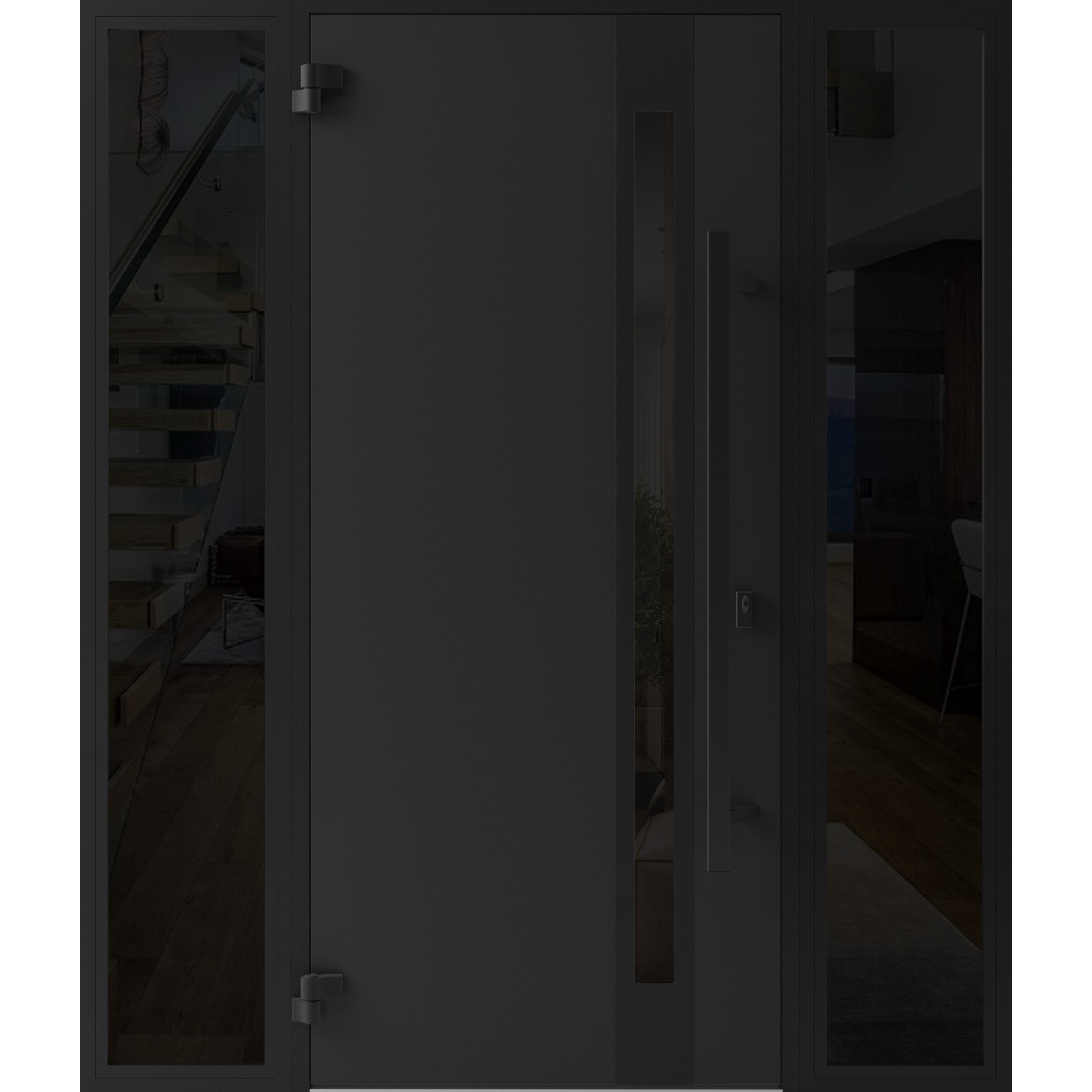Front Exterior Prehung Steel Door / Ronex 1033 Teak / 2 Side Exterior Windows Sidelites/ Entry Metal Modern Painted W14+36+14" x H80" Right hand Inswing
