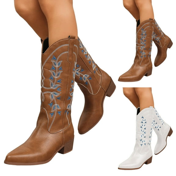 Dakaela Cowboy Boots for Women Cowgirl Western Knee High Boots Pointed Toe Chunky Heel Pull on Winter Shoes