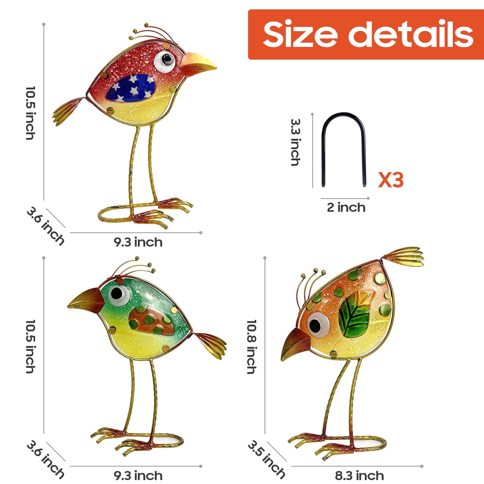 Garden Decor For Outside Funny Metal & Glass Bird Indoor Outdoor Set Of 3 Yard Art Statues Decorations Colorful And Patriotic