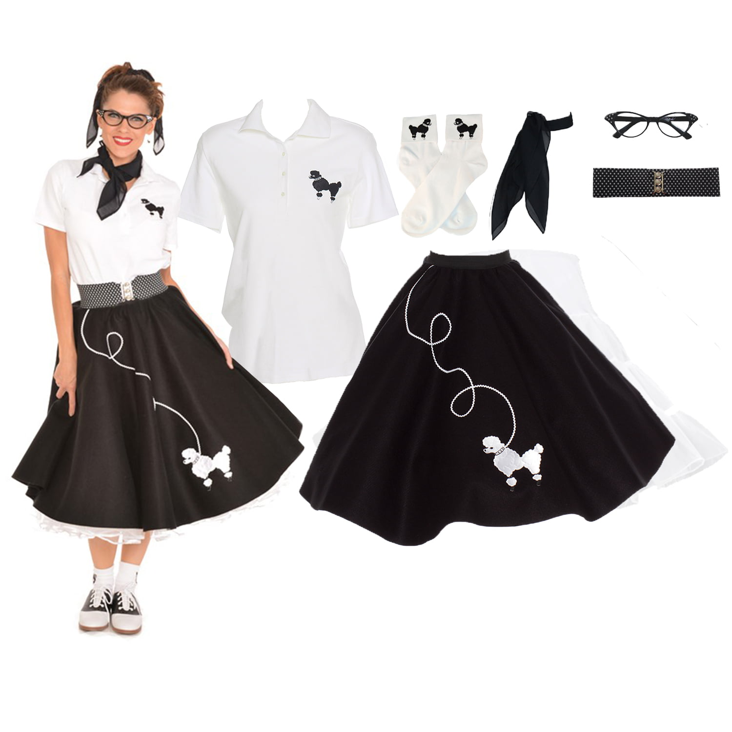 Hip Hop 50s Style Womens 2 pc Poodle Skirt Outfit Halloween or Dance Costume Set 