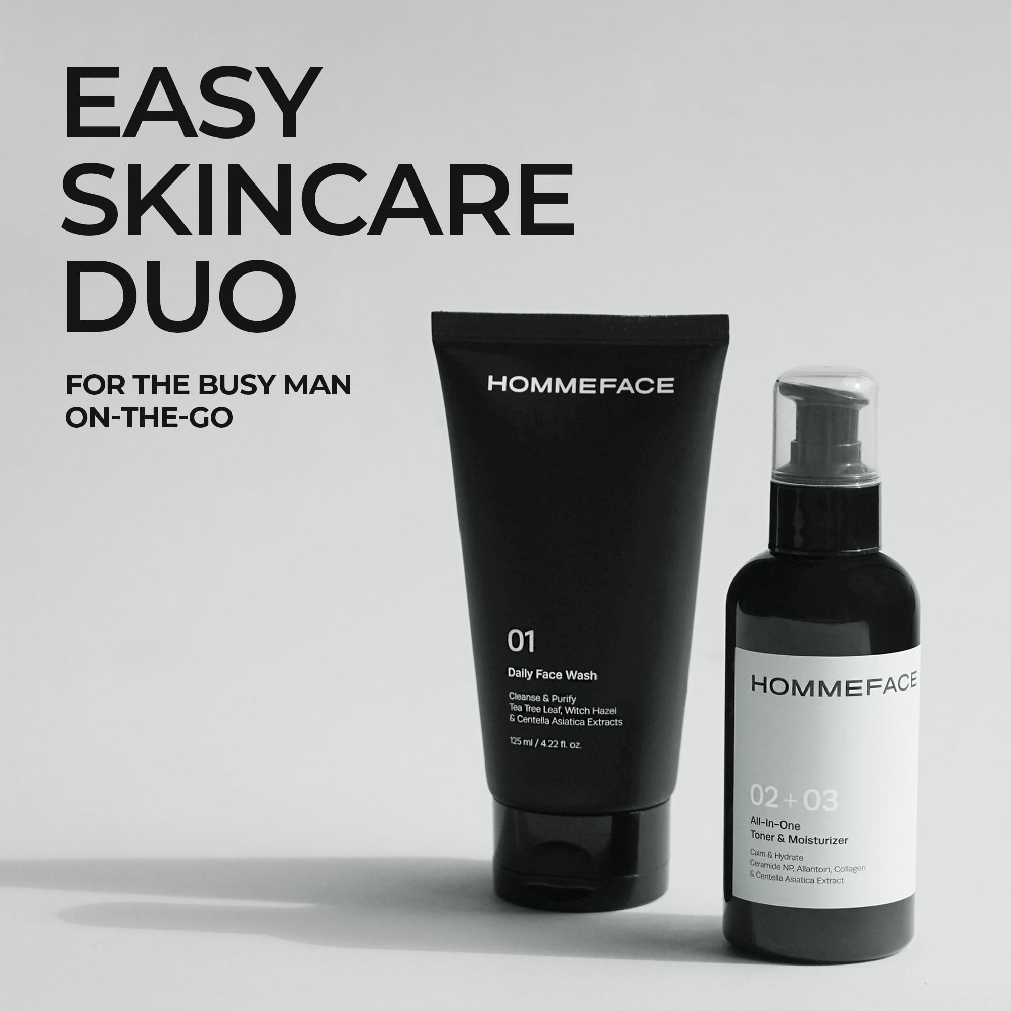 HOMMEFACE Easy Skincare Men's 2-Step Daily Routine Kit, Facial Cleanser and 2-in-1 Face Toner and Moisturizer, For Oily and Acne-Prone Skin, 9.29 fl oz