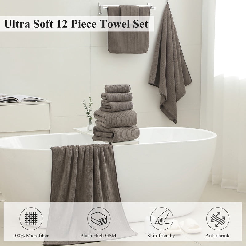 Jessy Home 12 Piece Dark Brown Bath Towel Set for Bathroom-4 Bath Towels,4 Hand Towels,4 Washcloths Soft and Plush Highly Absorbent Towel for Hotel & Spa