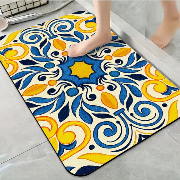 1pc Blue and Yellow Ornate Bathroom Rug Bathroom Decor and Accessories- Durable,Anti Slip,And Quick Drying,Suitable For Indoor/outdoor Use - Perfect For Bathrooms,Bedrooms,Kitchens