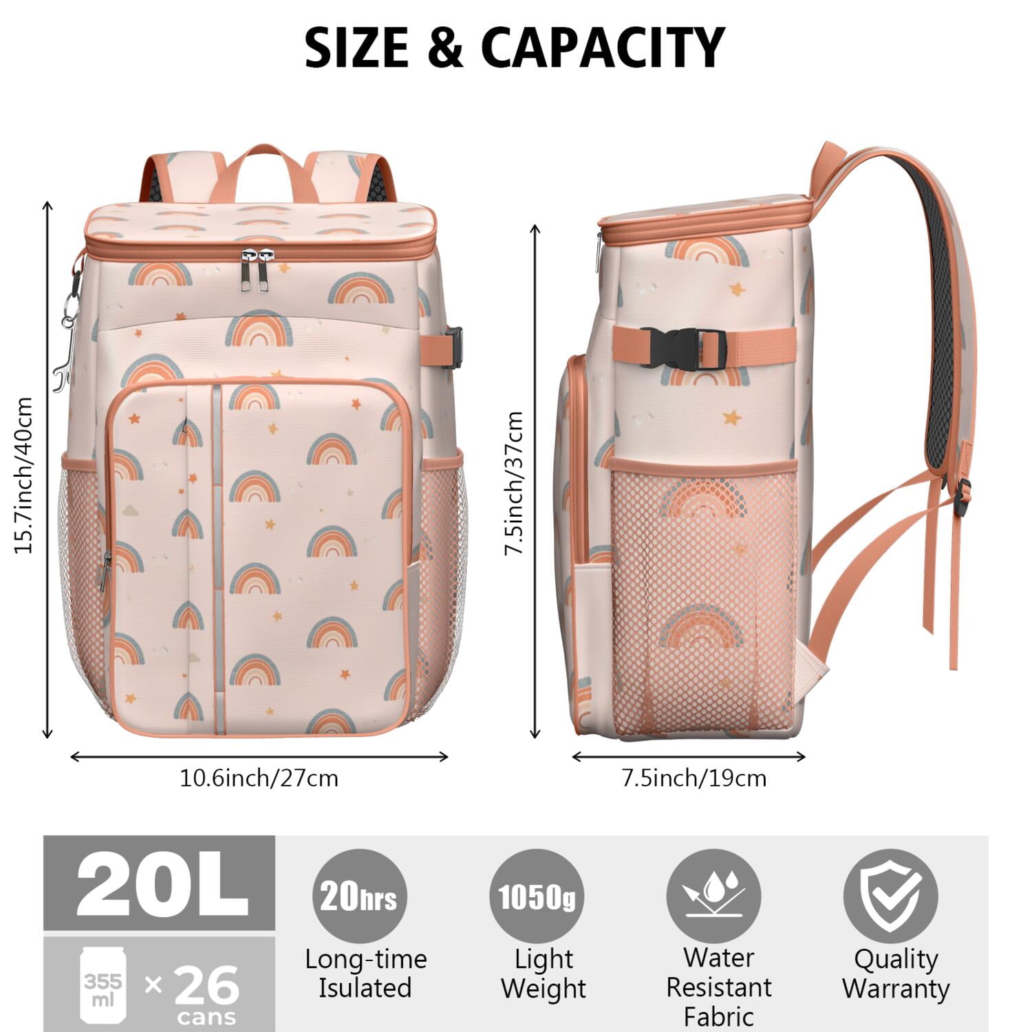 Camping Cooler Backpack 26 Cans,Insulated Backpack Insulated Leak Proof Travel Cooler Bag Waterproof Lunch Picnic Beach Work Trip Thermal Bag Drink Beverage Beer Bag Cooler Rainbow Cartoon