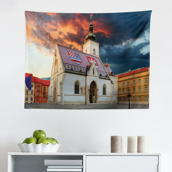 Croatia Tapestry, Simplistic Design Illustration of National Country Flag Zagreb Print, Fabric Wall Hanging Decor for Bedroom Living Room Dorm, 2 Sizes, Vermilion Indigo White, by Ambesonne