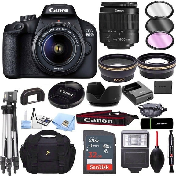 Canon EOS 3000D DSLR Camera with EF-S 18-55mm f/3.5-5.6 Lens & Deluxe Accessory Bundle  Includes: 2x SanDisk Ultra 32GB SDHC Memory Card, Extended Life Battery, Carrying Case & MORE