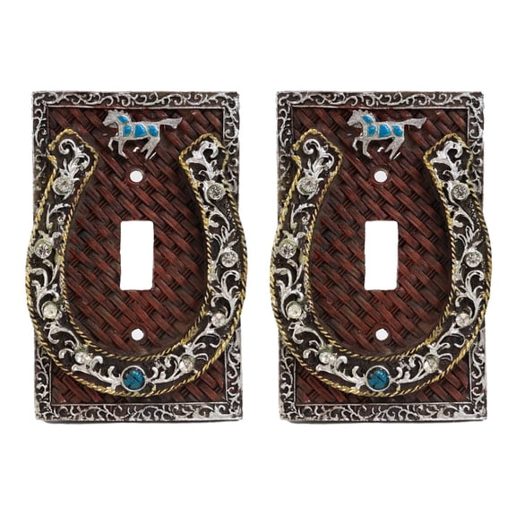Set of 2 Western Horseshoe Turquoise Mustang Wall Single Toggle Switch Plate