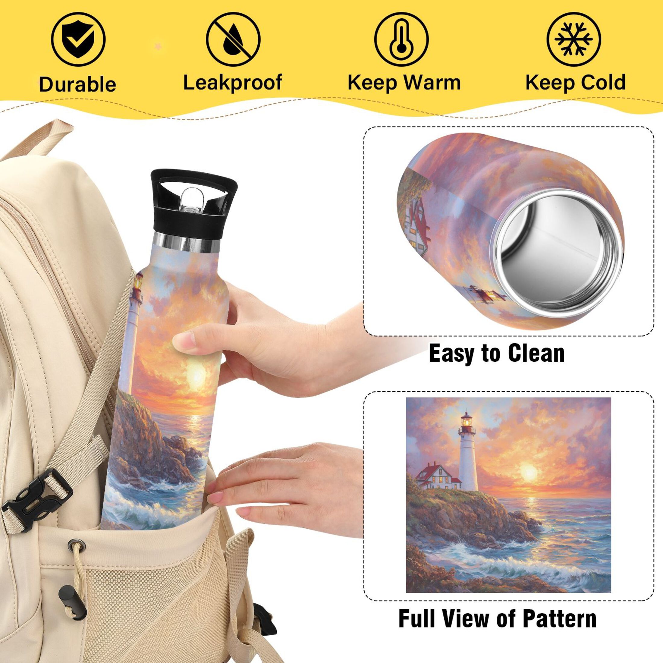 600ML Stainless Steel Insulated Cup Sports Water Bottle Portable Thermos Cup Water Glasses Insulated Tumblers Convenient and Durable Sunset Lighthouse