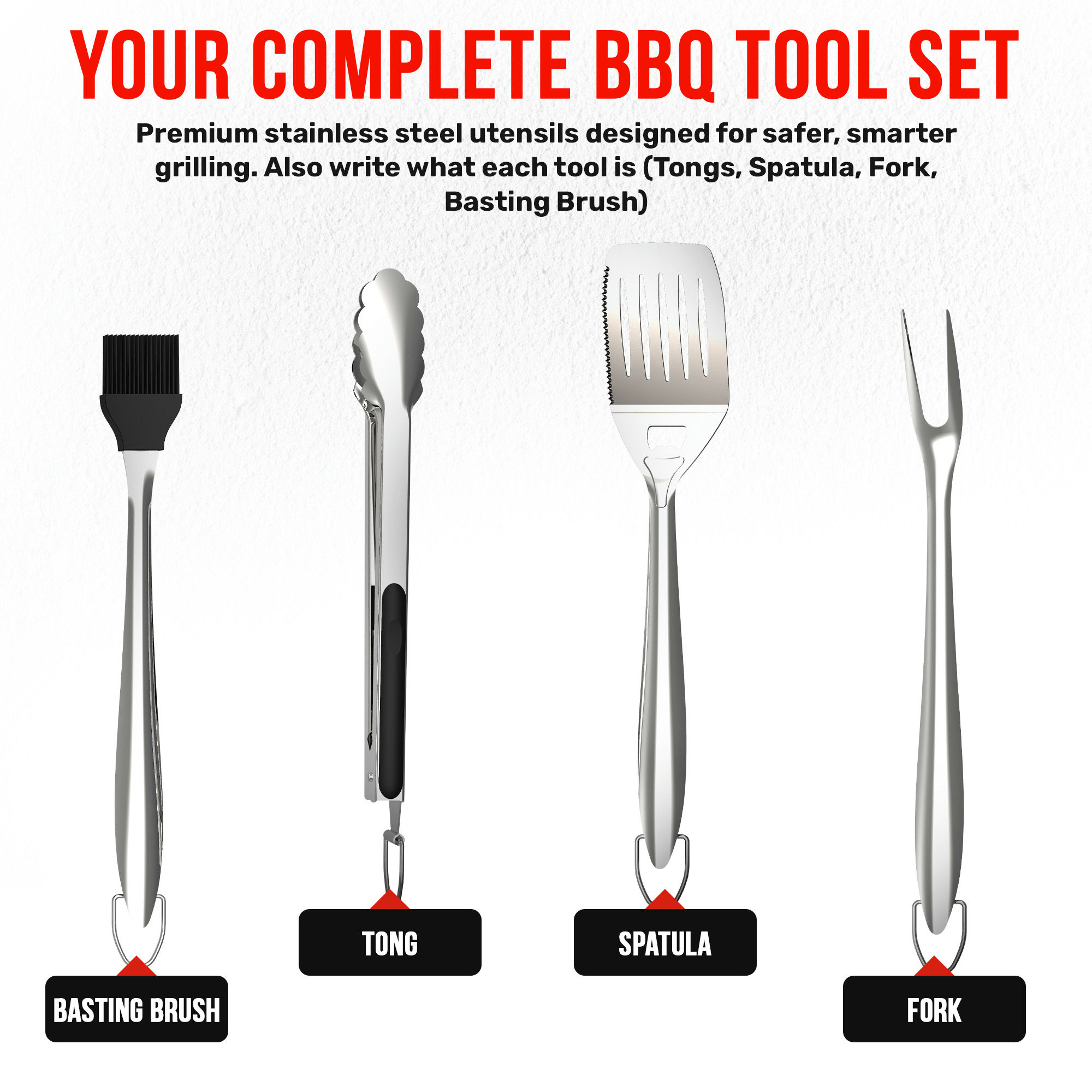 Grillbot 4 Piece Stainless Steel BBQ Grill Tools Set - Tongs, Spatula, Fork, Brush