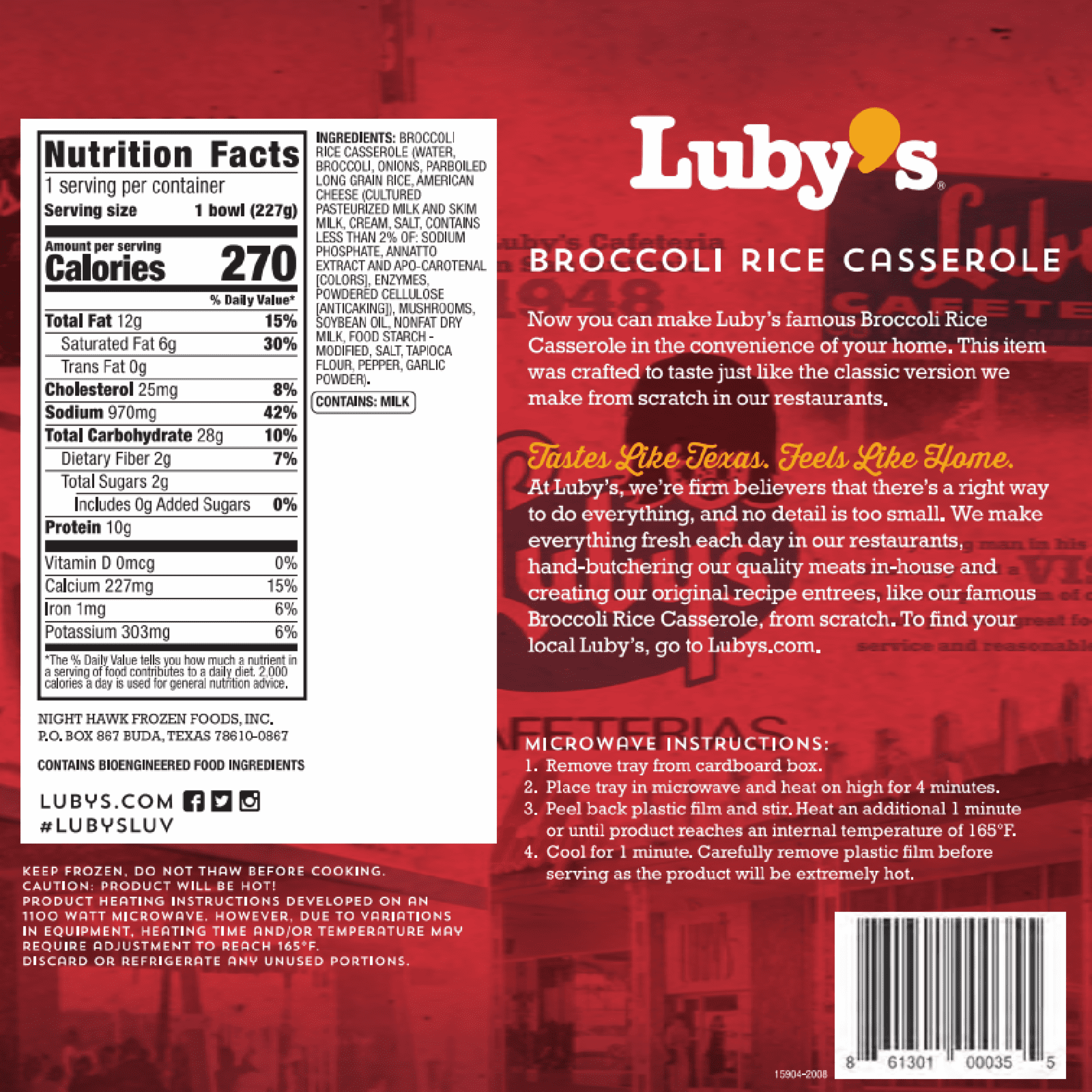 Luby's Broccoli Rice Casserole, 8oz, Frozen Single Serve (1 Unit)