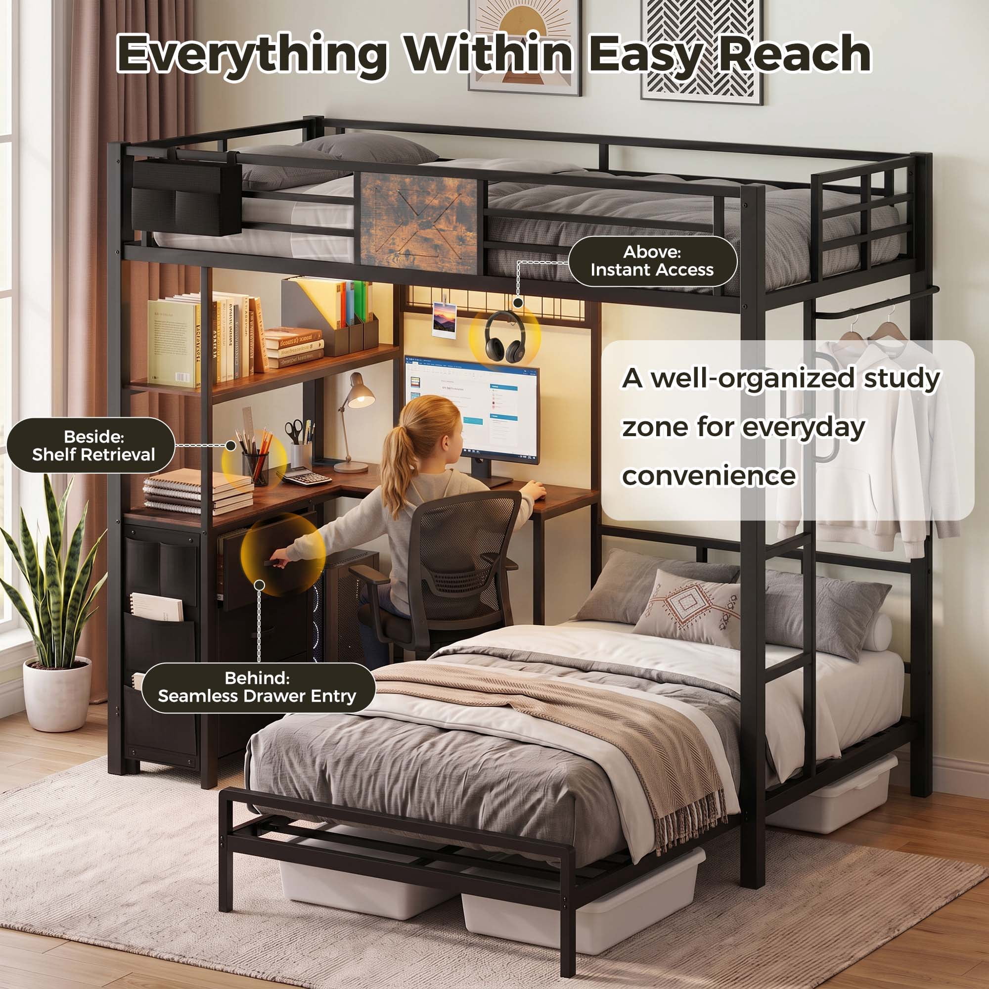Miniyam Twin XL Over Twin Metal Bunk Bed with L-Shaped Desk, Storage Drawers, RGB LED Light and Charging Station, Black