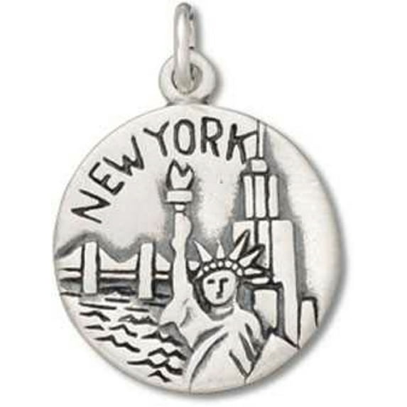 Sterling Silver 18" 1mm Box Chain New York Big Apple Two Sided Circle Pendant Necklace