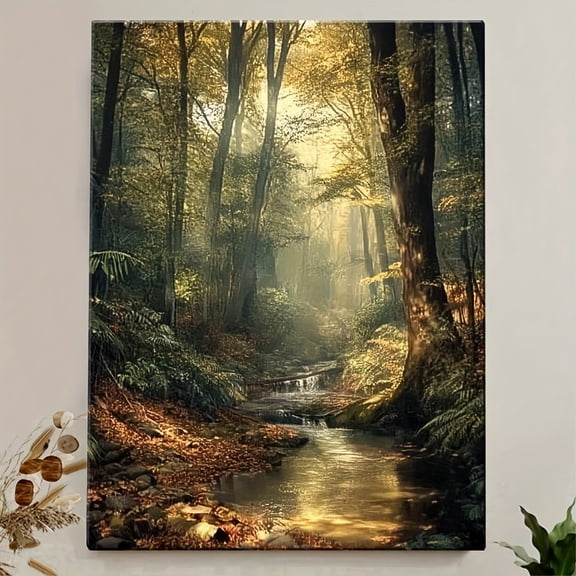Mystical Forest Canvas Wall Art with Wooden Frame – Enchanting Sunlit Trees & River Landscape, Vintage & Modern Decor for Living Room, Bedroom, or Home Office
