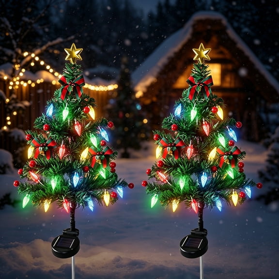 Solar Christmas Tree with LED Lights Outdoor Solar Christmas Decorations Waterproof Solar Powered Prelit Christmas Tree for Holiday Pathway Garden Yard (Solar Christmas Tree