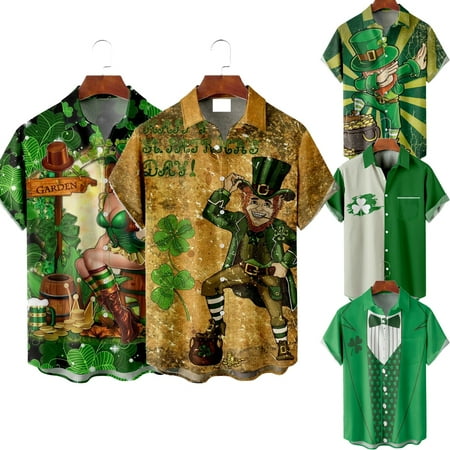 

FUNIER Men s Shirts St. Patrick s Day Green Print Relaxed-Fit Casual Short Sleeve Button-Down Hawaiian Shirts Fahion Shirt for Men