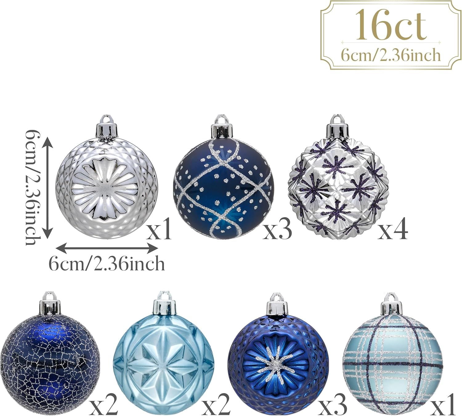 Ornaments for Christmas Trees, 16ct 2.36 Inches White and Silver Shatterproof Christmas Tree Decorations, Hanging Ball Ornaments for Xmas Holiday Party Decor
