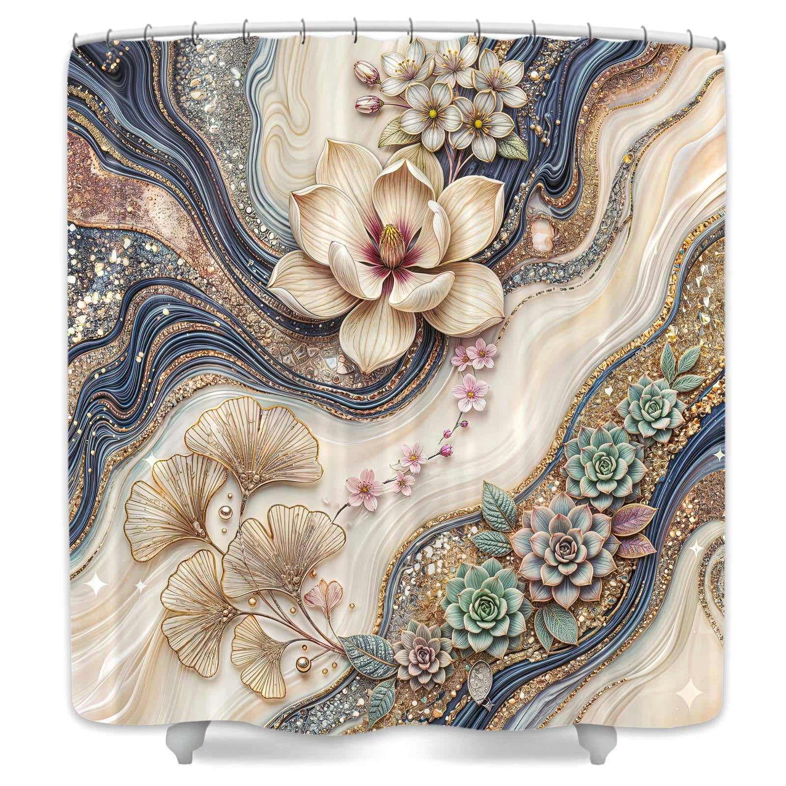 Gray White Luxury Gold Marble Floral Shower Curtain, Elegant Magnolia Ginkgo Succulent Bathroom Decor, Modern Abstract Geode Bath Curtain, Waterproof Polyester Fabric with Hooks,70X75in