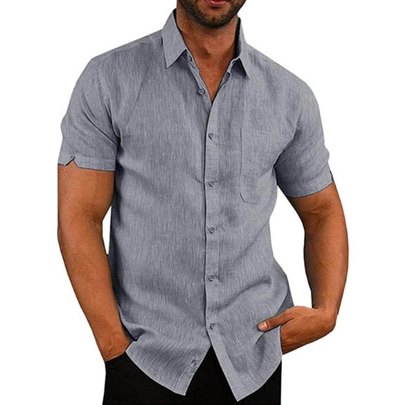 Men's Short Sleeve Shirt Casual Button Down Cotton Linen Loose Beach Wedding Shirt